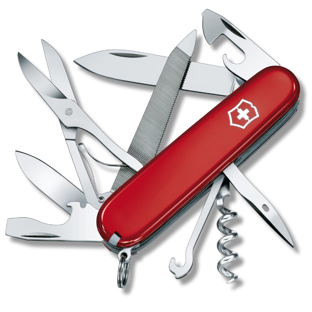 VictorinoxMountaineer Swiss Army Knife, 18 Function Swiss Army Knife with 2 Blades, Corkscrew, Scissor and Hook - Red