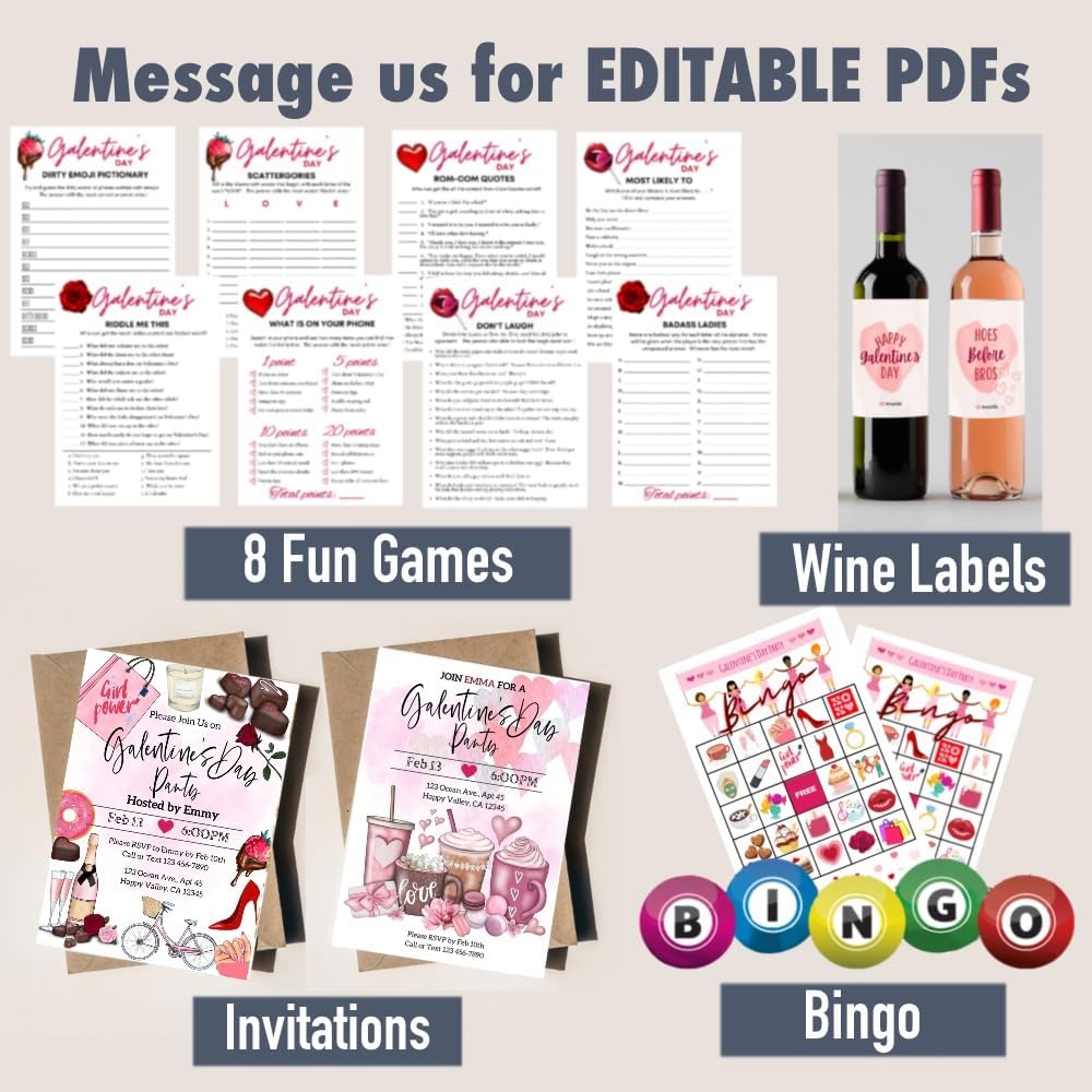 Galentine’s Day Party Decorations – Happy Galentine’s Day Décor Banner Set, BIG 16" Letters Balloons, Felt Heart Banner, Fairy Light, and Games & Invitation PDF for Valentine's Day