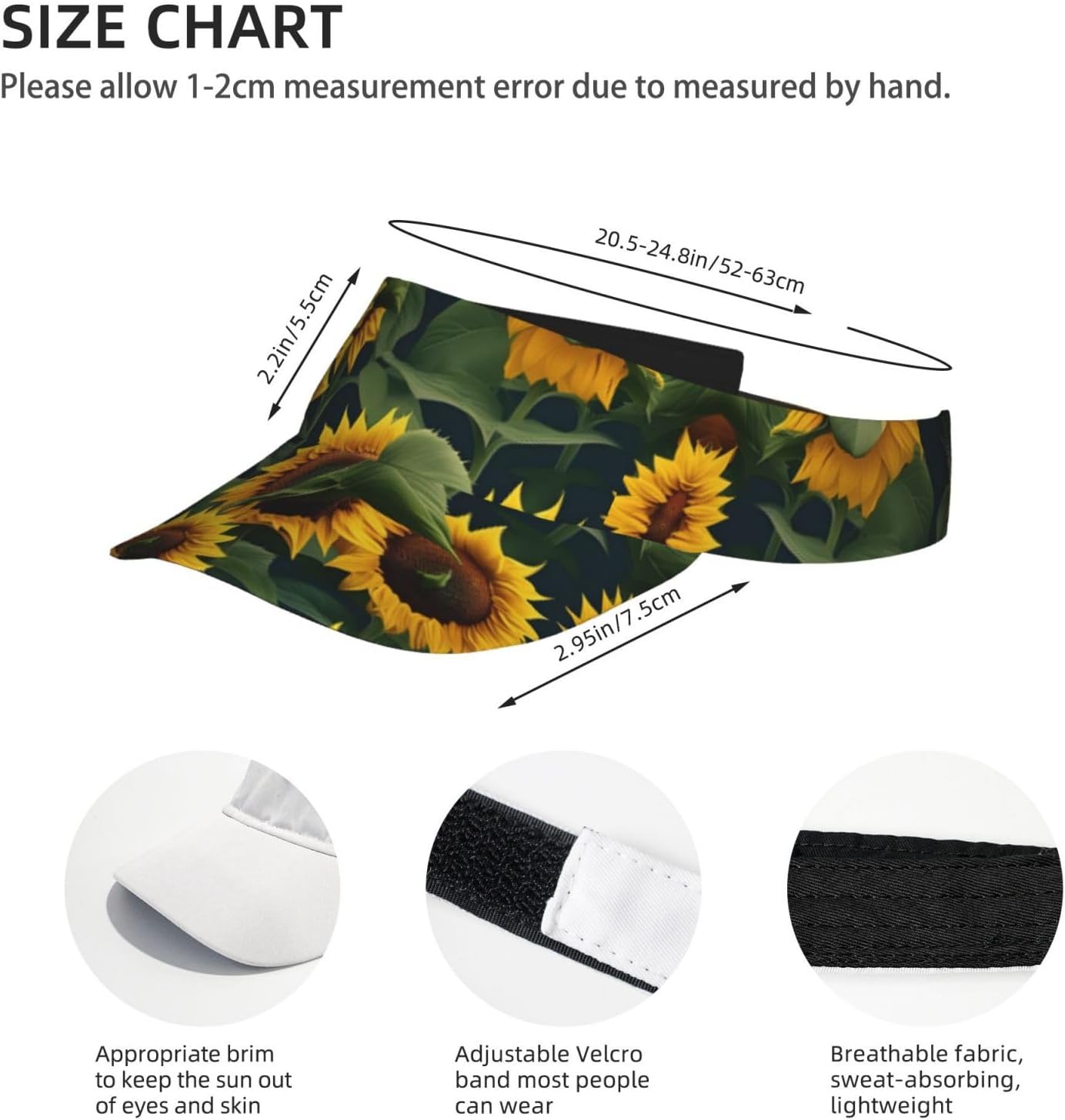 Plants Theme Sunflower Print Foldable Sun Visor Hat Lightweight Adjustable Sun Visor Hat Outdoor Sports Cap for Adults Black