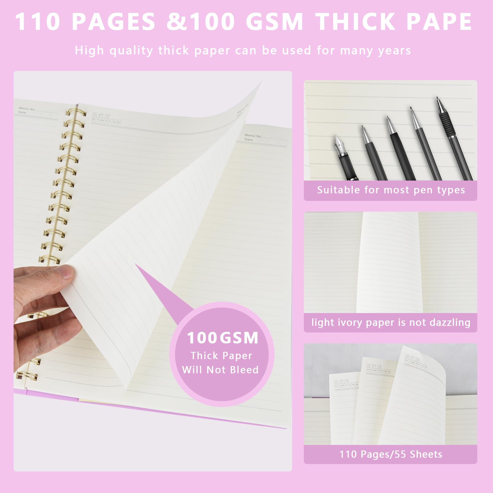 A4 Notebook, Lined Wirebound Spiral Notebook,110Pages /55 Sheets for Writing,100gsm Thick Paper, Waterproof Hardcover,Ruler - Image 4
