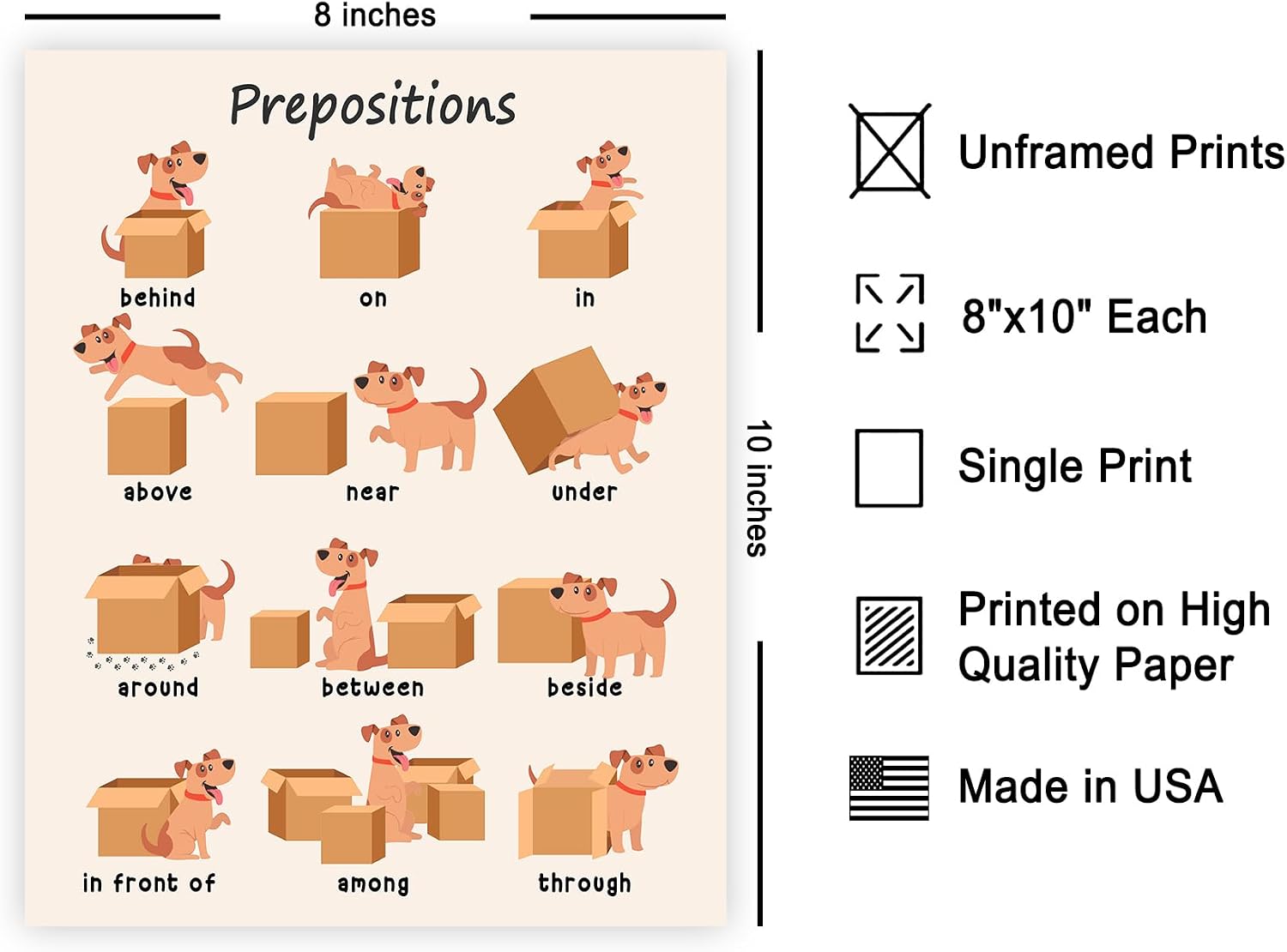 Poster Master Prepositions Poster - Educational Print - Learning Materials Art - Cat & Box Art - Gift for Kids, Students & Teacher - Great Wall Decor for Classroom or Library - 8x10 UNFRAMED Wall Art