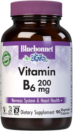 Bluebonnet Nutrition Cápsulas vegetales de vitamina B6, 200 mg, para la salud cardiovascular y del sistema nervioso, sin soja, sin gluten, kosher,