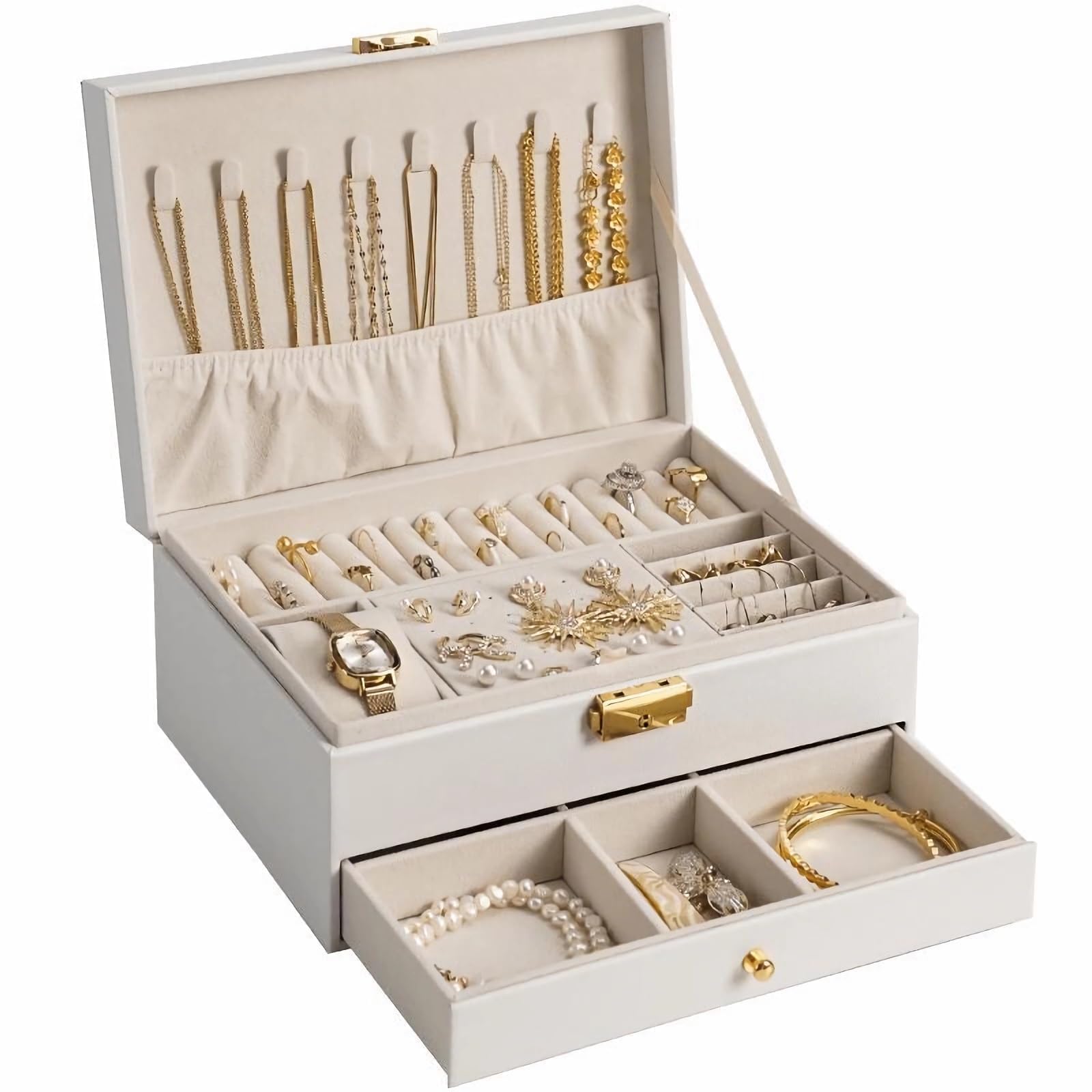 GUOER Jewelry Box for Women Girl Wife - Large PU Leather Jewelry Organizer Storage Case with Two Layers