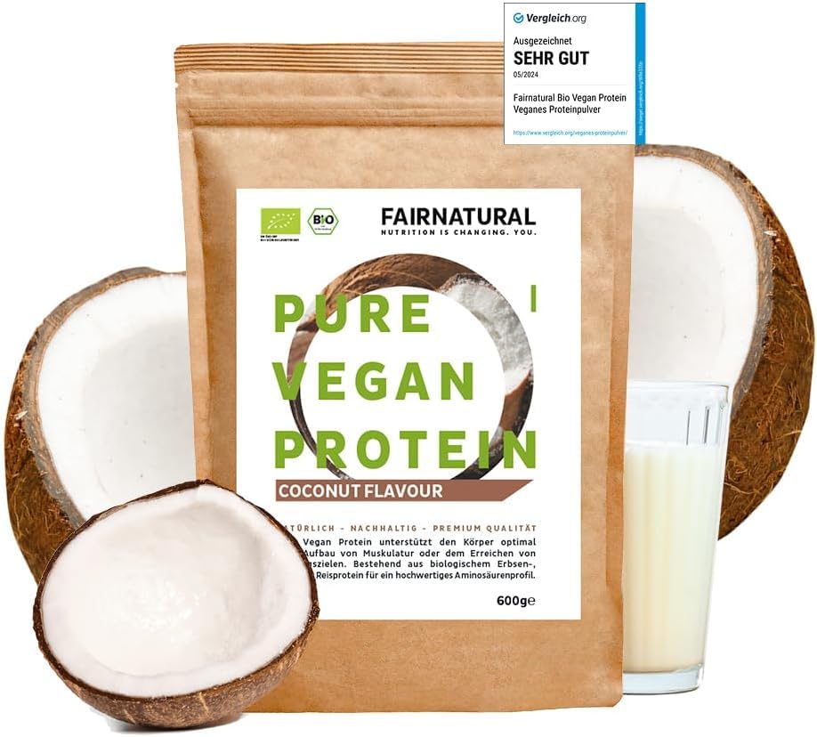FAIRNATURAL Vegan Protein-Pulver BIO Kokos, Veganes Proteinpulver ohne Soja [Regional aus Deutschland] - 5K pflanzliches Premium Proteinpulver »Zum Backen & als Bio Eiweiß-Shake« 600g Bio Eiweißpulver