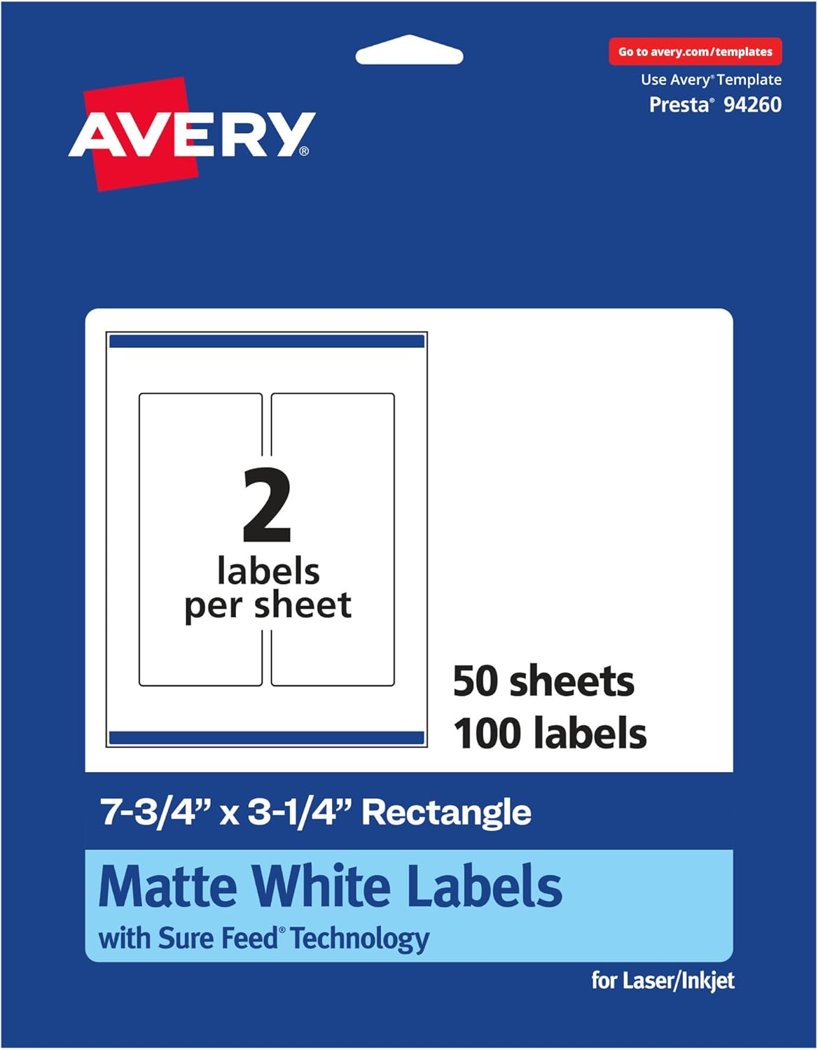 Avery Matte White Rectangle Labels, Sure Feed Technology, 7.75" x 3.25", 100 Matte White Printable Labels