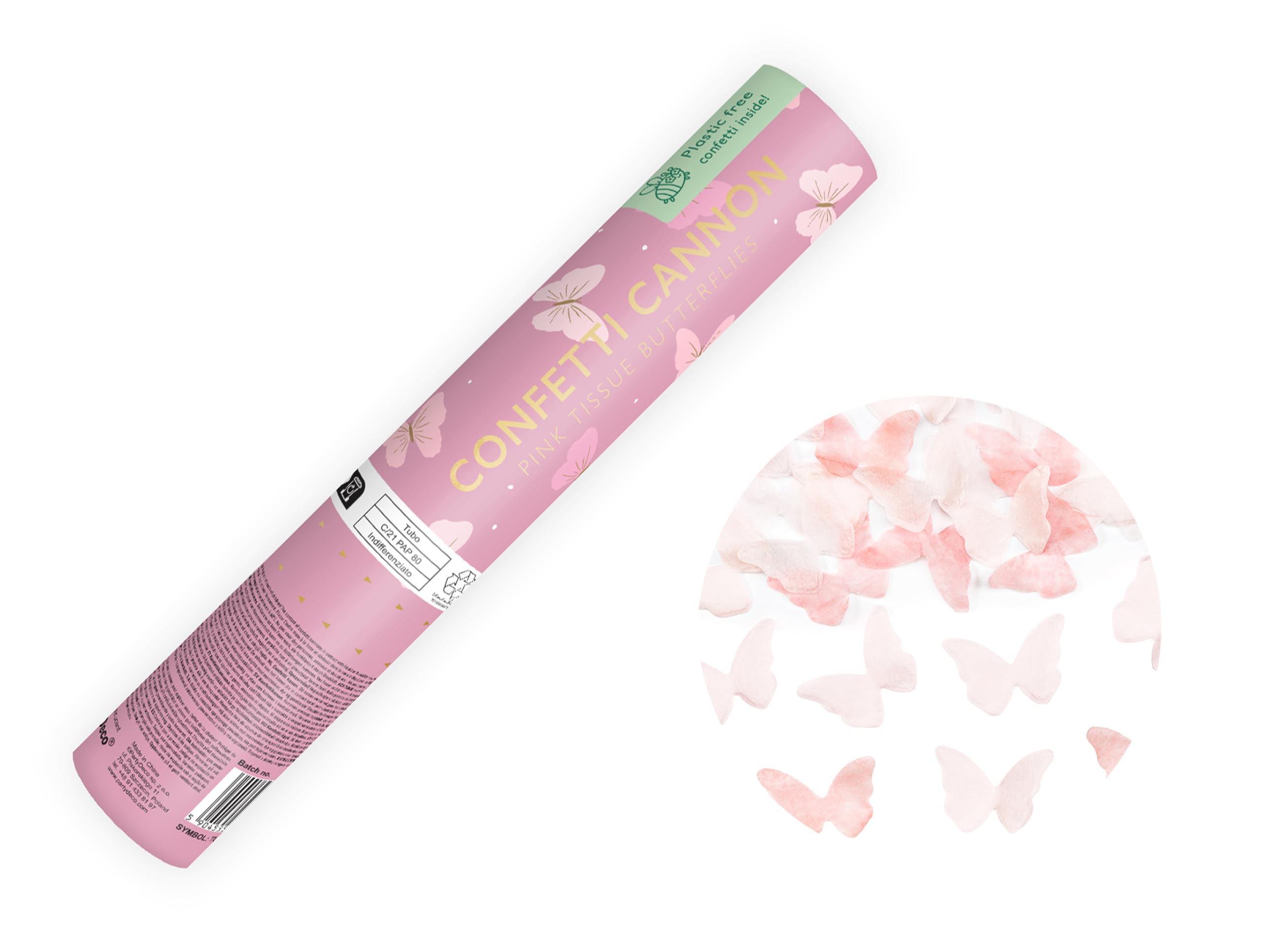 Konfettikanone mit Schmetterlingen 20cm x 24 STK- 5 bis 8 m Effekthöhe - Konfetti Kanone Geburtstag Hochzeit - Party Popper - Konfettiregen Shooter - Konfettibombe - Rosa