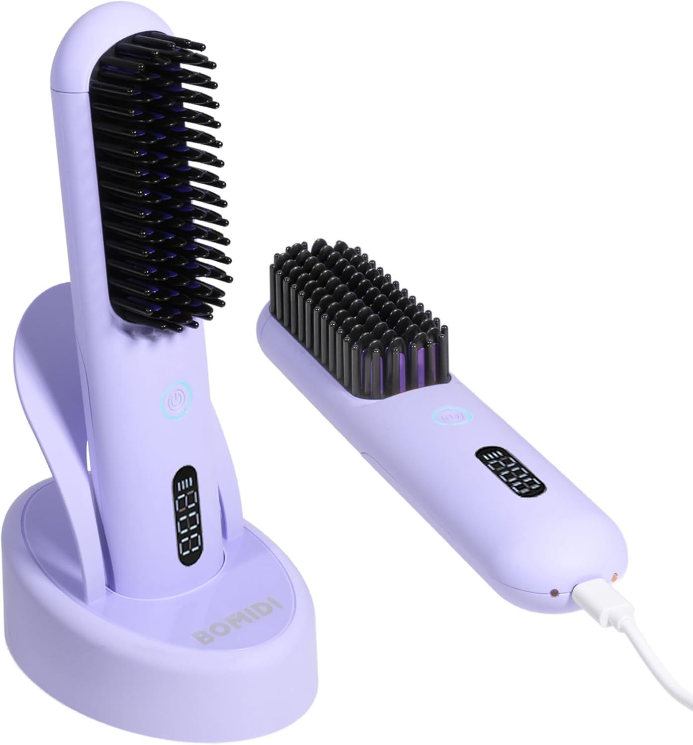 BOMIDI Cordless Hair Straightener Brush with Detachable for Easy Clean, 200M Negative Ions, 6-Speed Smart Temp Control and Type-C/Base Dual Charging, Travel-Friendly Styling Tool – Purple