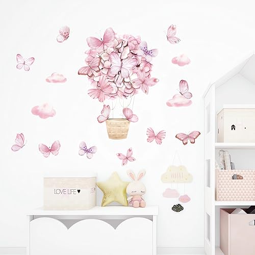 Miniatura 2 de sacinora - Calcomanías de pared para globos aerostáticos de mariposa rosada, calcomanías de pared de arte de dibujos animados, vinilo extraíble para