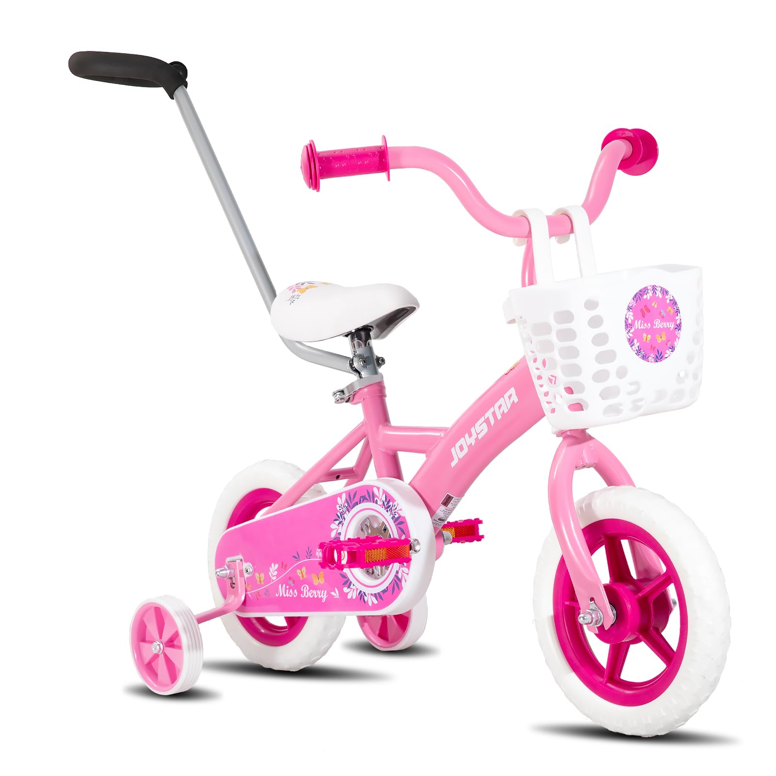 JOYSTAR Miss Berry 10 Inch Kids Bike for Boys and Girls Ages 1-3 Years, Toddler Bike with Training Wheels & Basket, Detachable Parent Push Handle, Children Bicycle in Pink