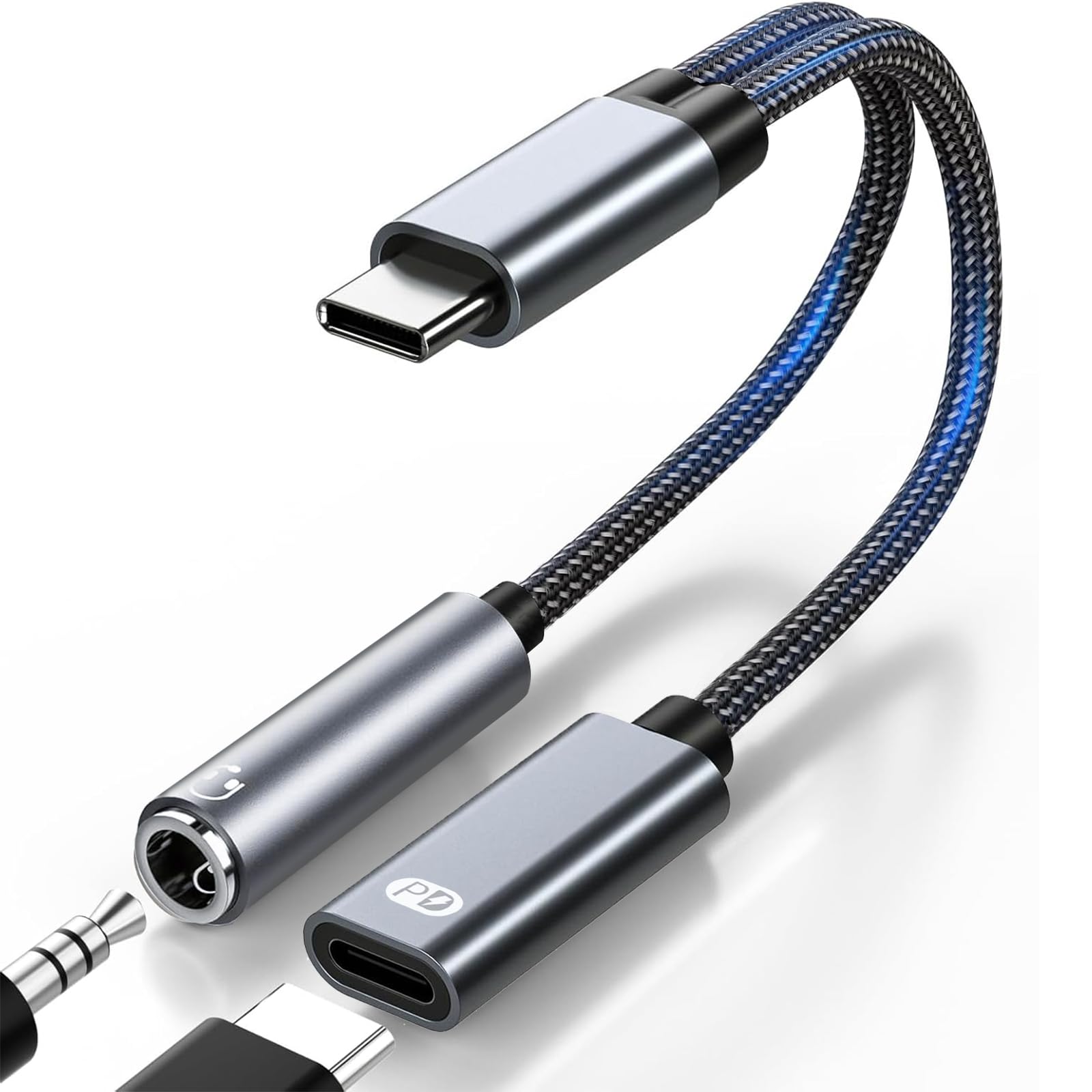 2in1 USB Type C to 3.5mm ケーブル イヤホン変換アダプタ 二股 充電同時音楽再生 DAC搭載 PD 60W 高速充電 Hi-Fi音質 高耐久 ナイロン編み 電話/音量調節/音楽対応 i-Phone16 Galaxy Pixel 8 iPad Pro/Air等適用