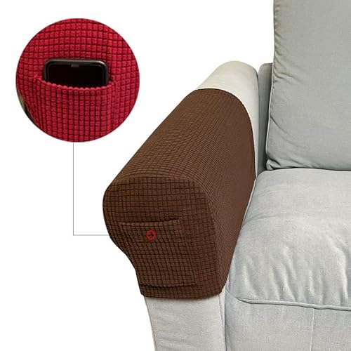 Stretch Armrest Covers Spandex Arm Covers For Living Room Anti-Slip Sofa Arm Protector Armchair Slipcover Recliner For Tv Remote Control Phone Pen Set Of 2 (Dark Coffee With Pocket) #TOP2