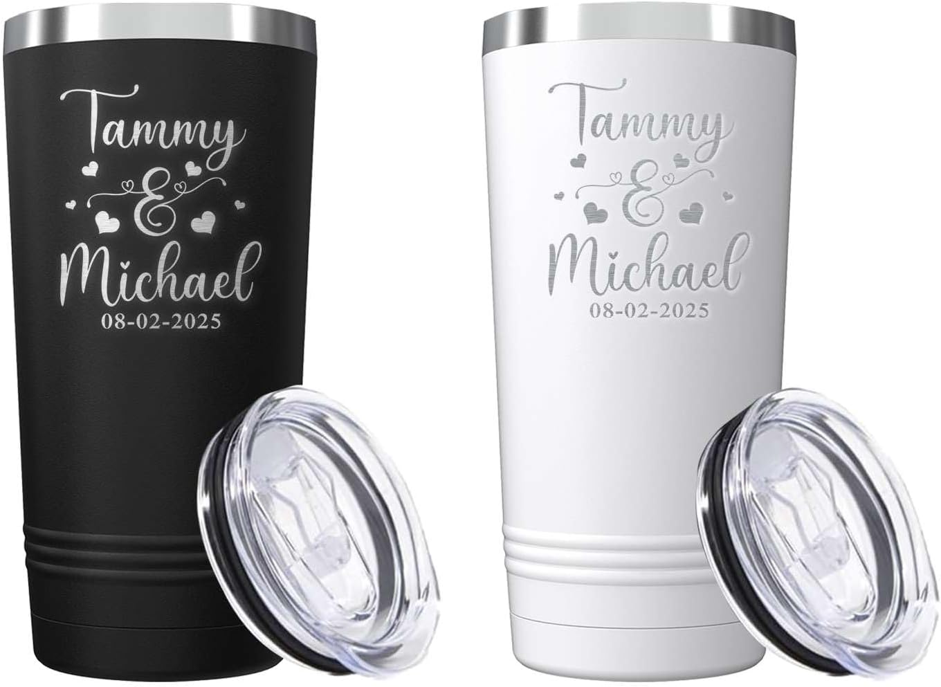 shop4ever Set of 2 Couples Names and Date with Hearts Engraved Insulated Stainless Steel Tumbler with Lid 20 oz. Couples Gift (Black, White)