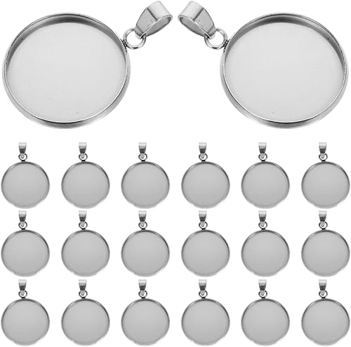 Juego de 20 bandejas colgantes de acero inoxidable, cabujones redondos, biseles, base en blanco, para fotos, collares, pulseras, joyería (plata,