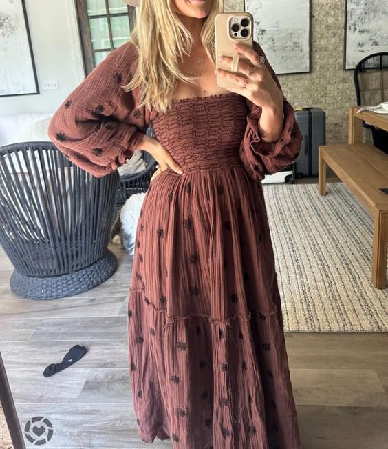 Women Checkered Bow Tie Dress Boho Floral Embroidered Flowy Long Dress Gingham Smocked Long Puff Sleeve Maxi Dress3