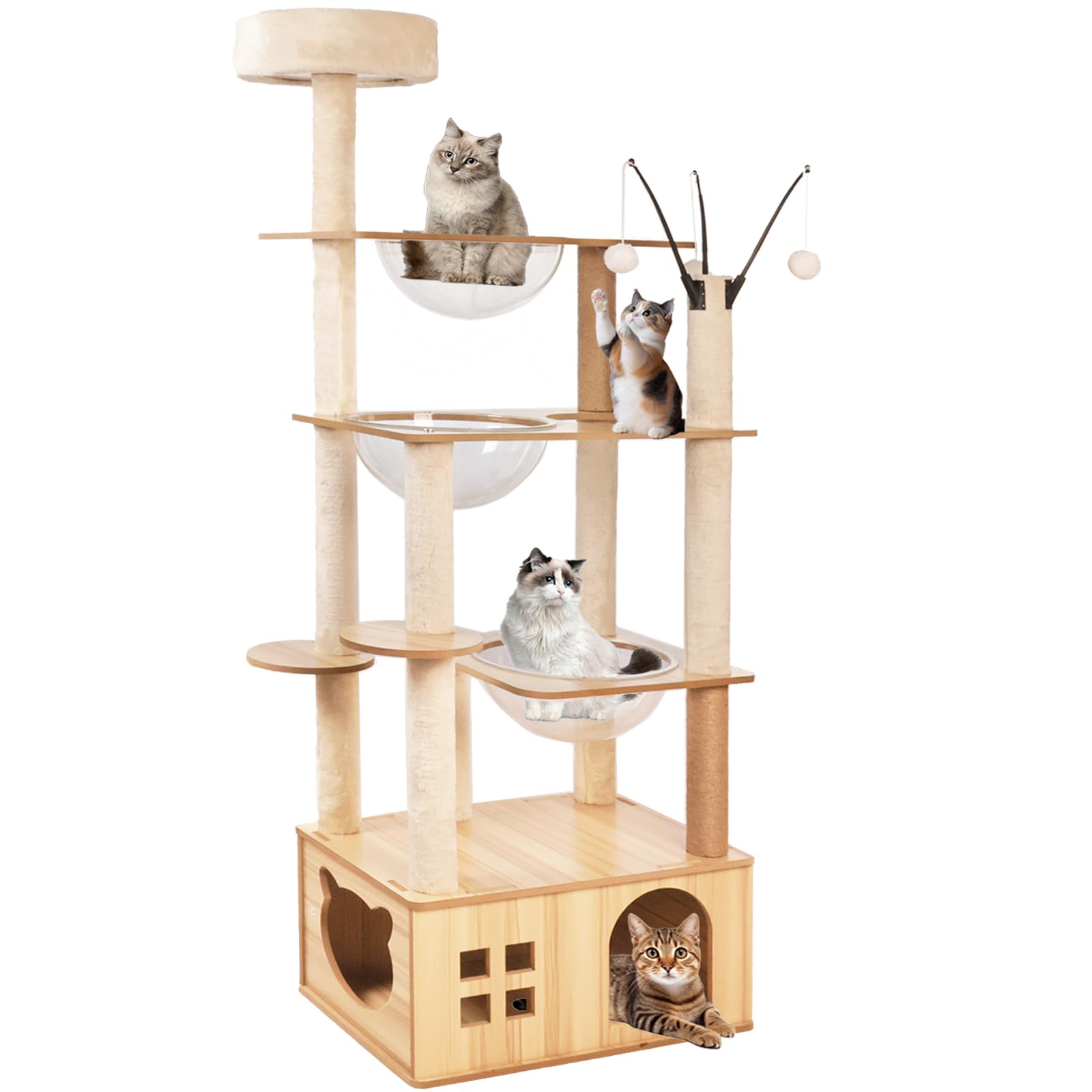 173CM Arbre a Chat, Bois, avec 1 Condo, 3 Bol, 13 Griffoirs, 5 Plateformes,3 Balles de Jouets，Arbre a Chat XXL (M07 Couleur du Bois)