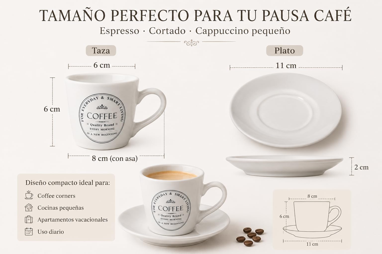 Juego de 6 Tazas de Café con Platos y Soporte Metálico – Set de Cerámica para Espresso y Cappuccino – Ideal para Cocinas Pequeñas