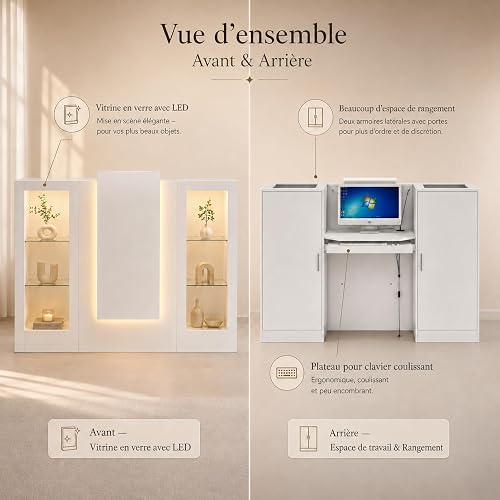 Comptoir d’accueil 150 cm avec LED 3 couleurs, vitrines et rangement blanc - 2