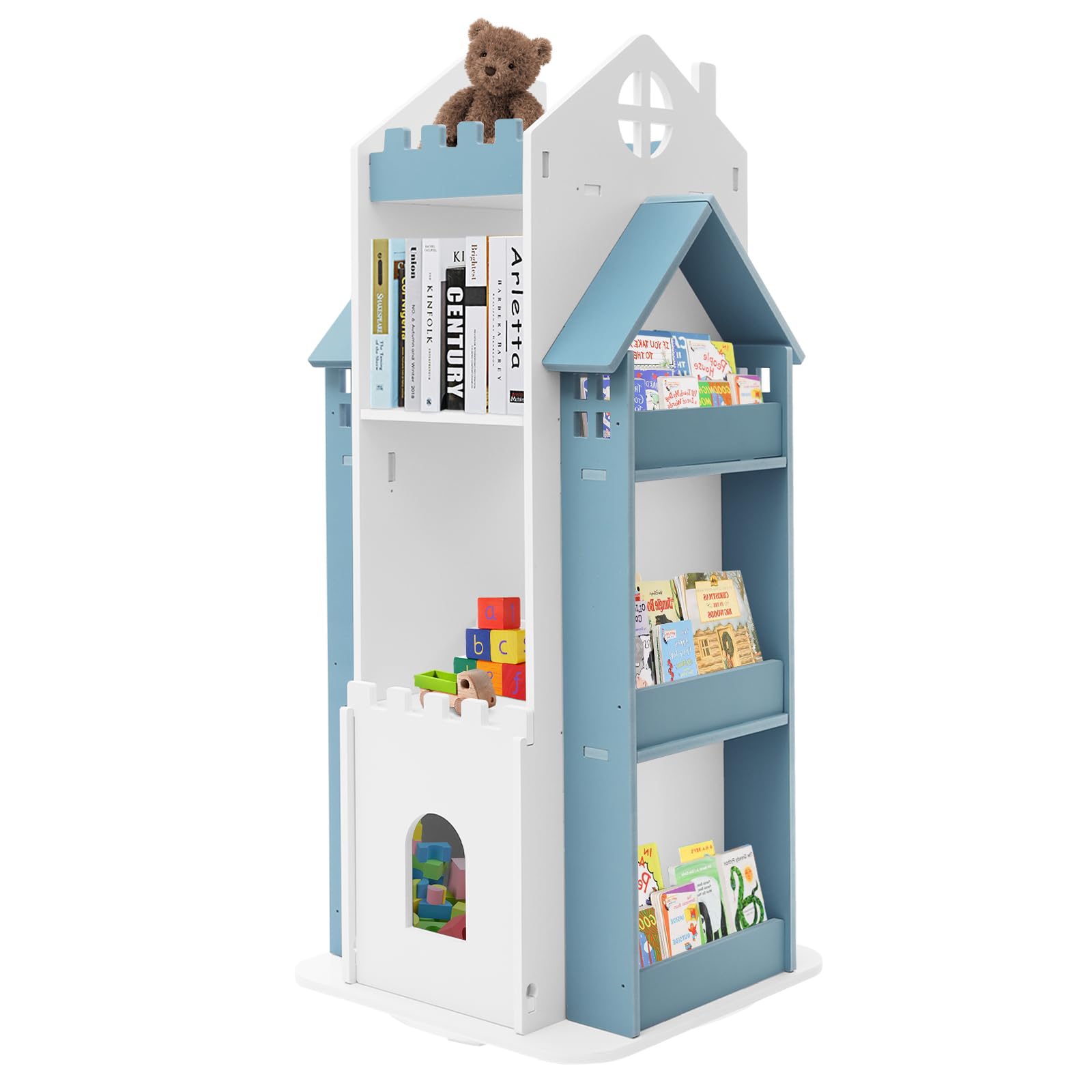 Rotating Bookshelf, Children's Bookcase 360° Revolving Floor Standing Shelves Rotating Bookshelf Kids Castle Bookshelves Tower Spinning Bookcase for Bedroom Living Room (White) (Blue,White)