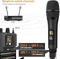 Vista 4 de FIFINE Sistema de micrófono inalámbrico con solapa Lavalier y micrófono de mano, micrófonos inalámbricos duales, frecuencia UHF seleccionable