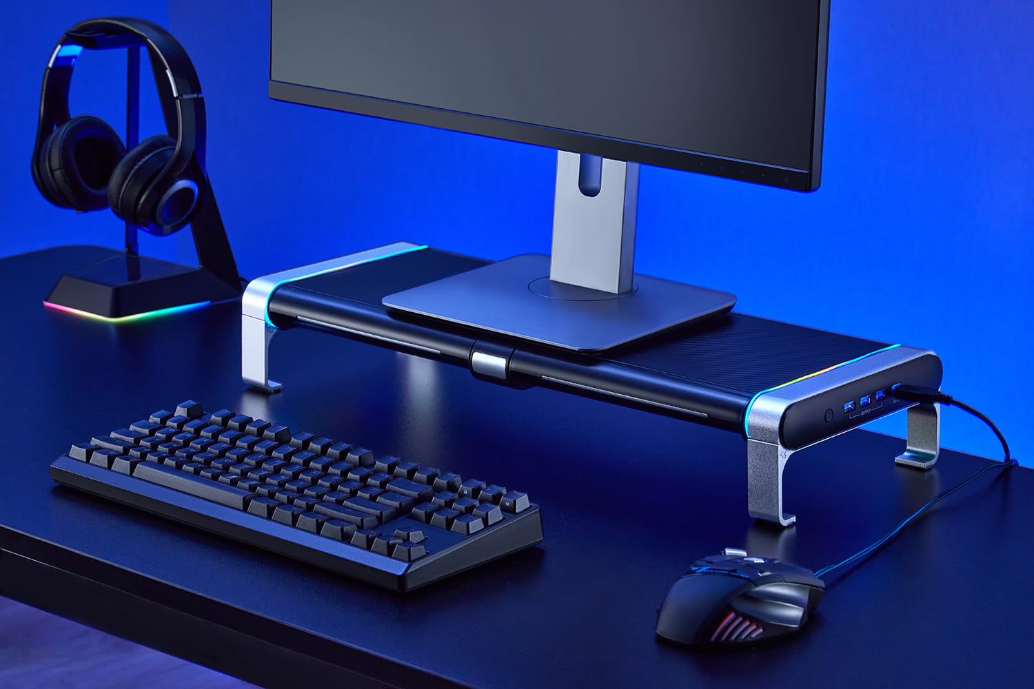 my wall HyperGaming Monitor Rack - HT42L, supporto per monitor, illuminazione RGB, altezza dello schermo, con hub USB e cassetti, rialzo monitor, installazione di gioco