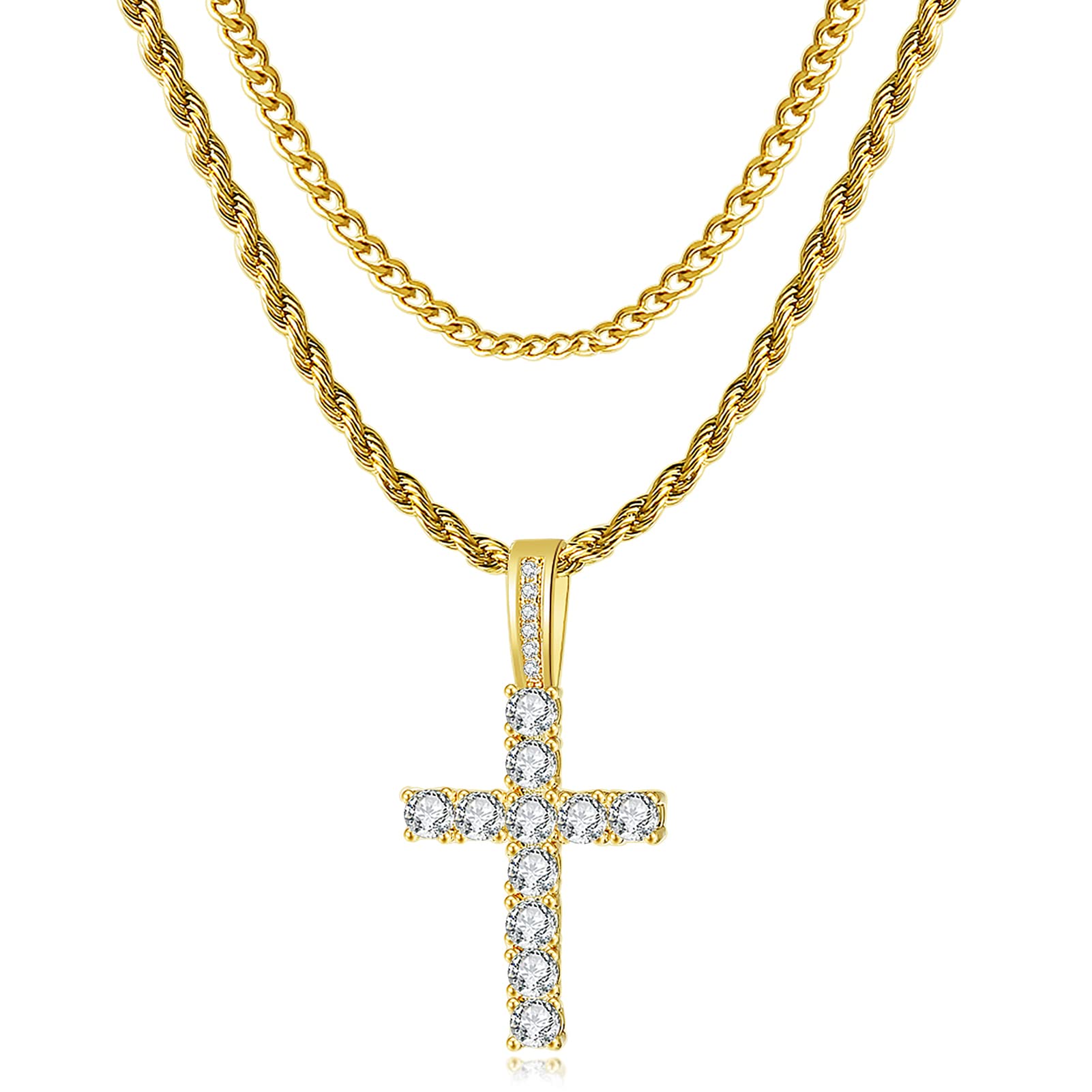 GEMOSA Cross Chain for Men 14K Gold Silver Plated Solid Iced Out 5A+ Cubic Zirconia Stainless Steel Cuban Link rope Layered Chains 16-24 Inch Large Cross Diamond Pendant Nceklace Jewelry Gifts