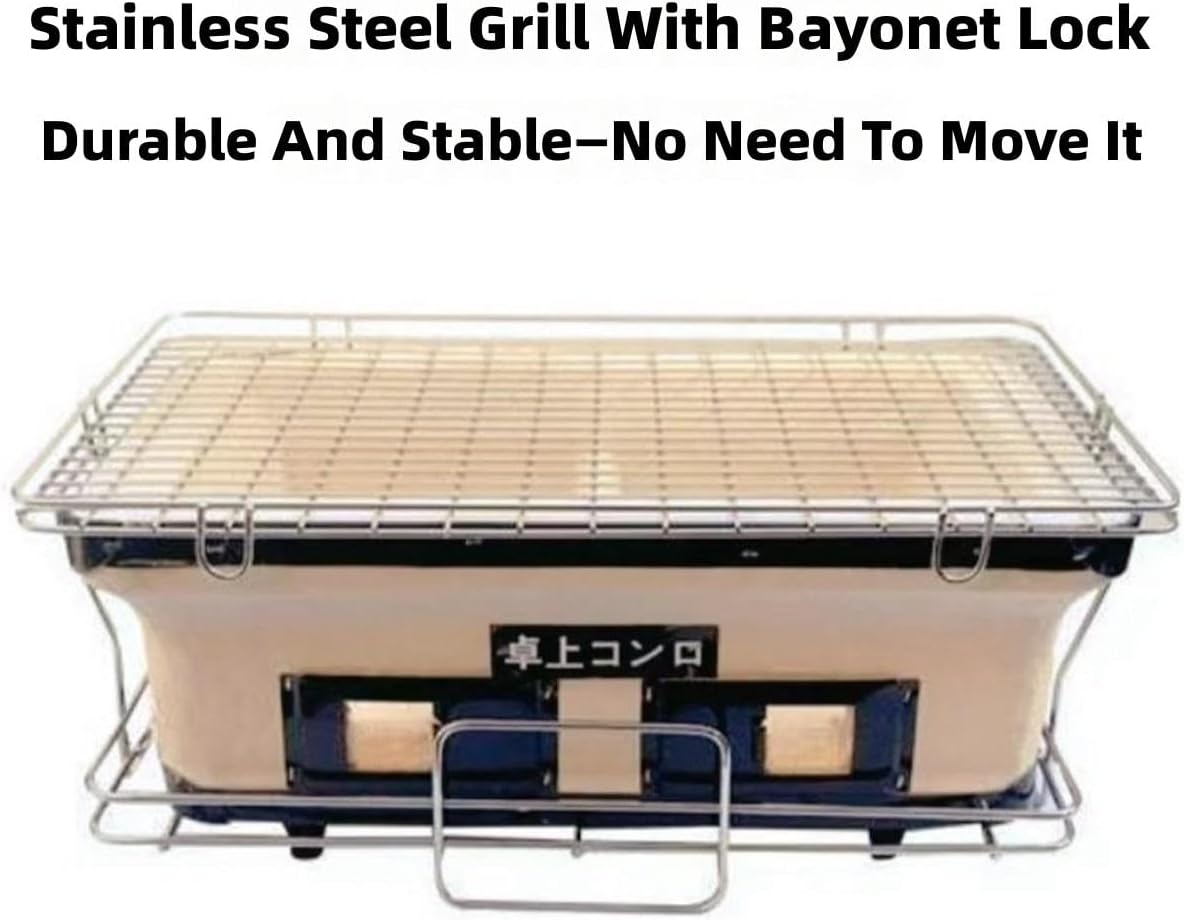 Japanese Style Barbecue Grill, Portable Charcoal Grill Handmade Ceramic Body, Adjustable Ventilation, Easy to Clean, Stainless Steel Grate for Camping, Picnics, Yakiniku and BBQ