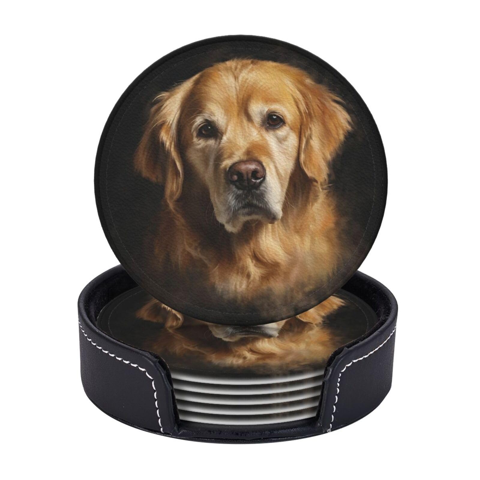 Drink Coasters 6 PCS Round Leather Coaster Golden Retriever dog Coasters for Drinks Non-Slip Mugs Pads with Holder Personalized Cups Pad Mat for Coffee Table Kitchen 10 CM
