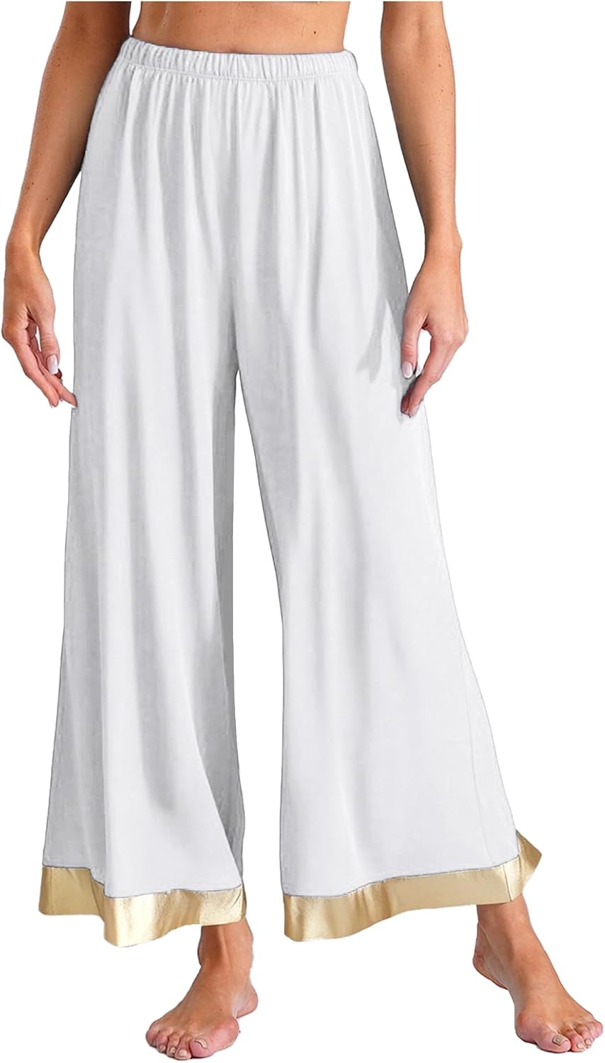 Women's Liturgical Dance Palazzo Pants Elastic Waist Metallic Shiny Wide Leg Pants Yoga Dance Trousers