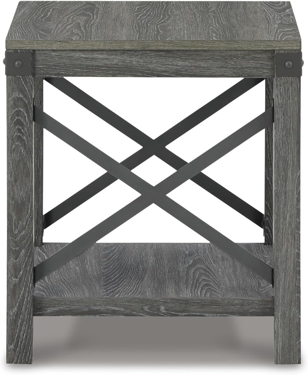 Signature Design by Ashley 1-Piece End Table, Farmhouse Square with Shelf | Engineered wood and decorative laminate, Metal crossbuck accents, Fixed lower shelf, 20-inch footprint, Freedan Series