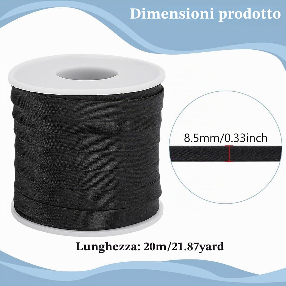 PH PandaHall Nastro Sbieco In Raso Nastro Sbieco A Doppia Piega 8.5mm Nastro di Rilegatura Nero Nastro Pieghevole per Cucire Abbigliamento Cuciture Orli Piping 20 m