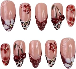 Press-on False Nails, 30-teiliges Set künstliche Fingernägel zum Aufkleben, rote French Manicure, kurzes Design, mit 3D-Goldperlen, mandelförmige künstliche Fingernägel, Acryl-Klebestreifen