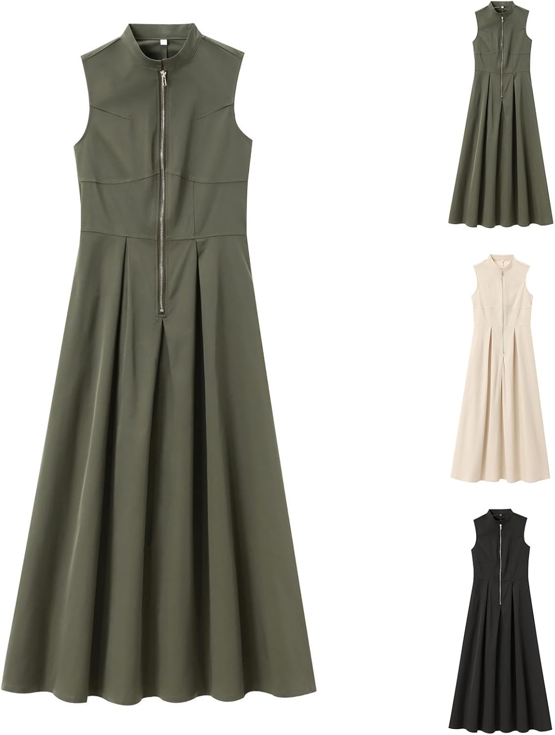 HGps8w Women's 2025 Summer Pleated Swing Maxi Dresses - Trendy Zip Up Stand Collar Sleeveless Elegant Flowy Office Dress