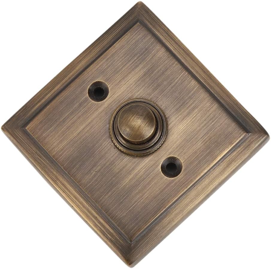 A29 Antique Brass Doorbell Button – 2 1/2" x 2 1/2" – Decorative Style Push Button in Brass with Recess Mount – Vintage Finish, Wired for Two-Wire Chimes, Weather Resistant, Easy DIY Installation