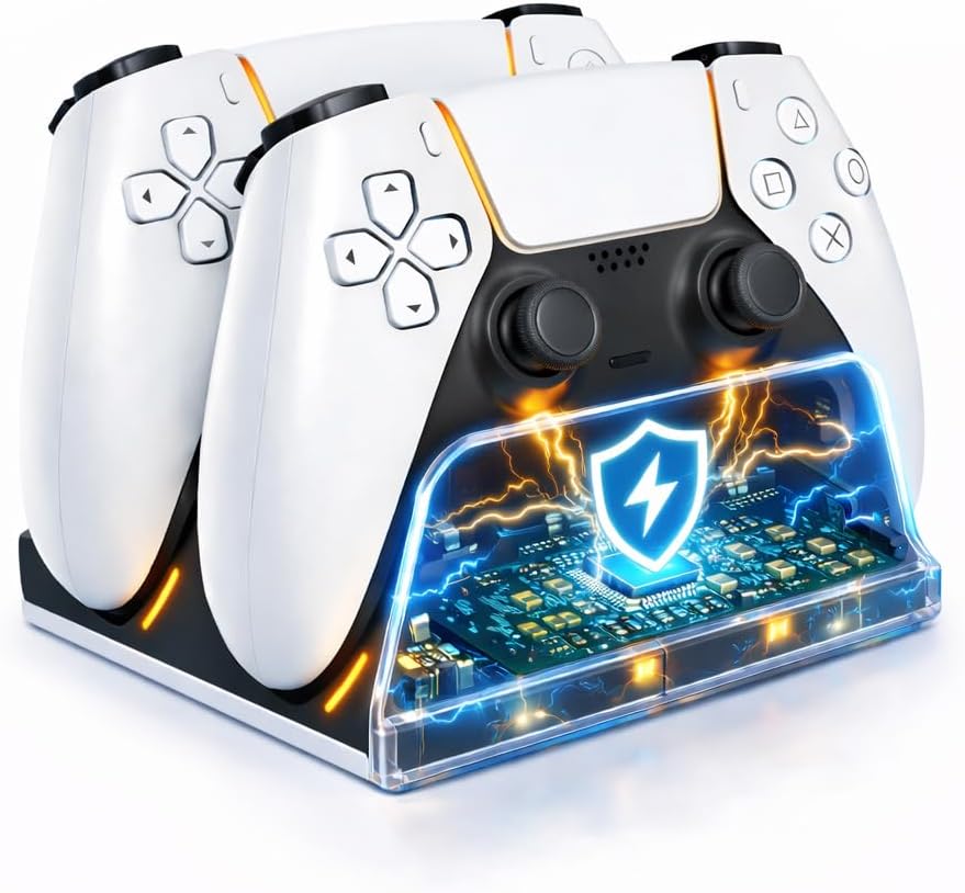 PS5 Controller Charger Station with LED Indicator,Dual Controller Fast Charging Dock,Desktop Display Stand for PlayStation 5 (White)