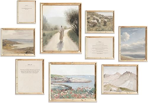 TWNSLLA Juego de 9 arte de pared cristiano, versículos clásicos de la Biblia, decoración de pared, naturaleza rústica, paisaje de mar y montaña,