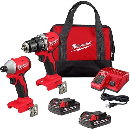 Milwaukee 3610-22CT M18 18V Li-ion Brushless Cordless Compact Hammer Drill/Impact Combo Kit (2-Tool) (New Gen), Red