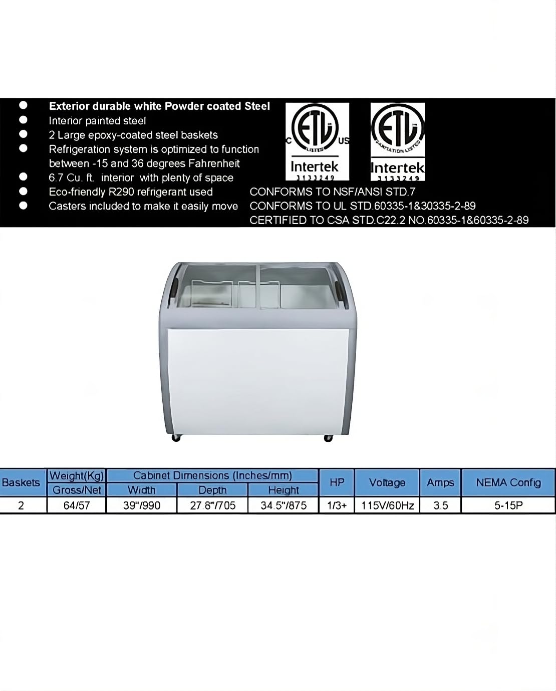 Commercial Freezer, ETL Top Glass Ice cream Gelato Display 39