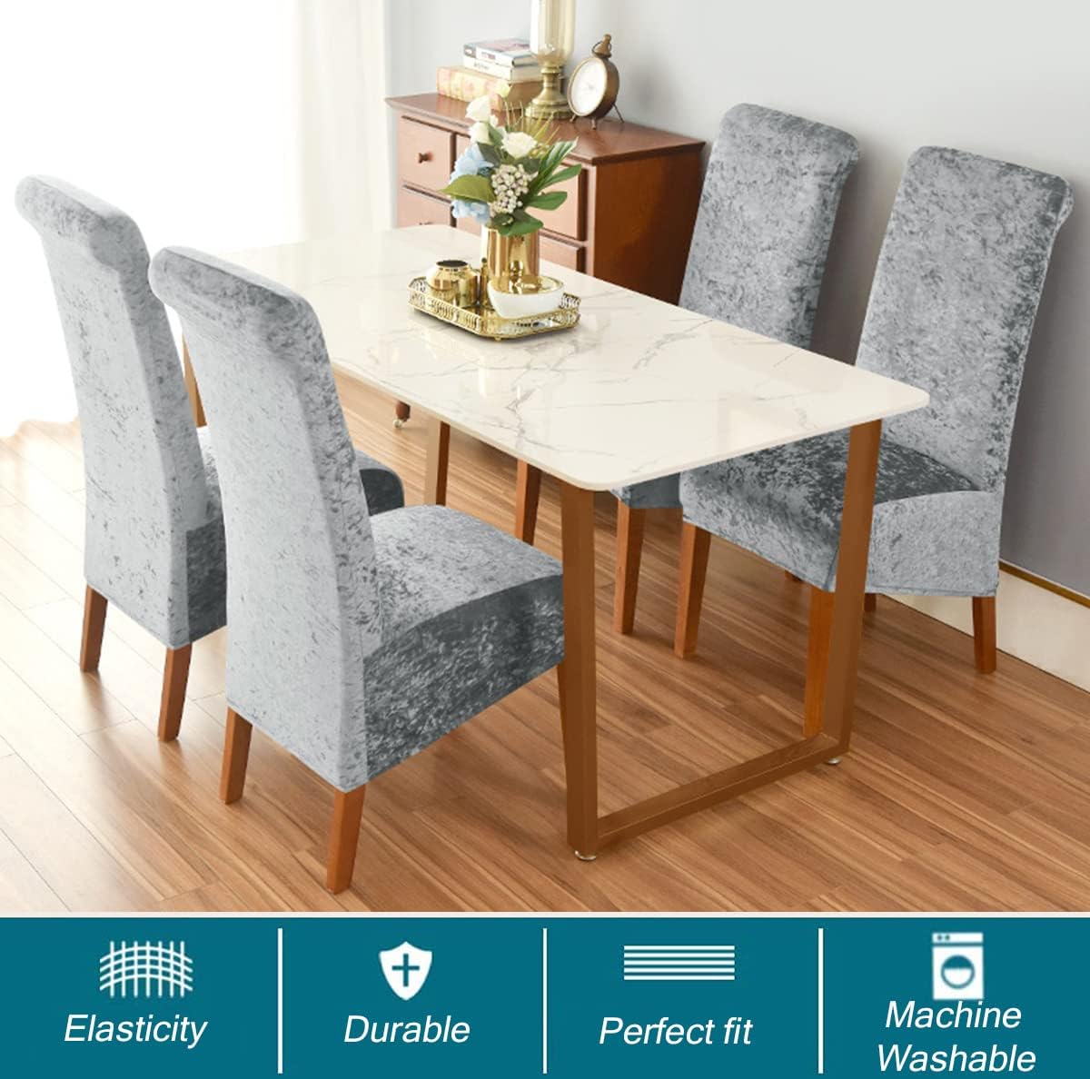 Velvet XL Dining Chair Covers - Stretch Chair Slipcovers, Spandex Parson Chair Slipcovers for Dining Room, Wedding, Ceremony, Banquet - Silver - 4 Pieces