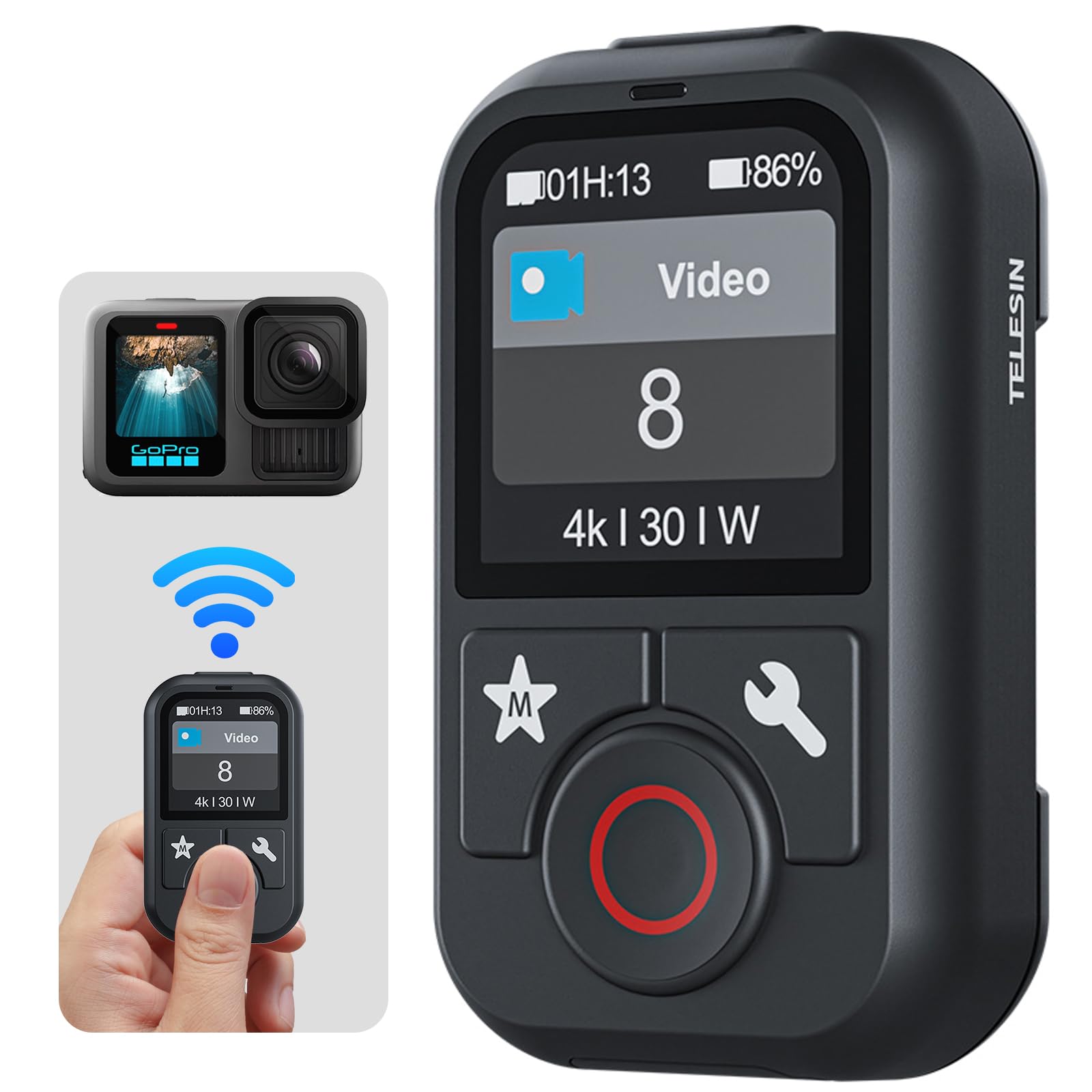 OBEST Télécommande sans Fil Intelligente pour GoPro 13/12/11/10/9/8/Max,Télécommande Bluetooth sans Fil à éCran Couleur,5 Langues (Dont Le FrançAis),Réglage de la Luminosité, éTanche