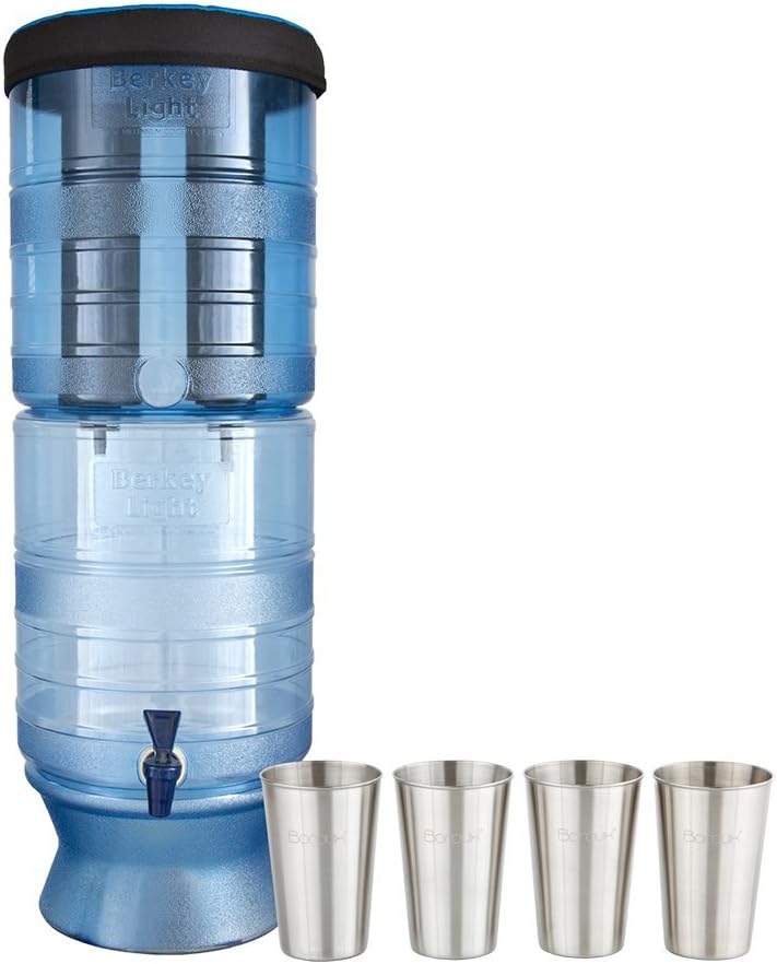 Boroux Bundle Includes Berkey Light Berkey Water Filter with 2 Black Purifier Filters (2.5 Gallons) System Bundled with 1-Set of 4 12 oz Stainless Steel Cups