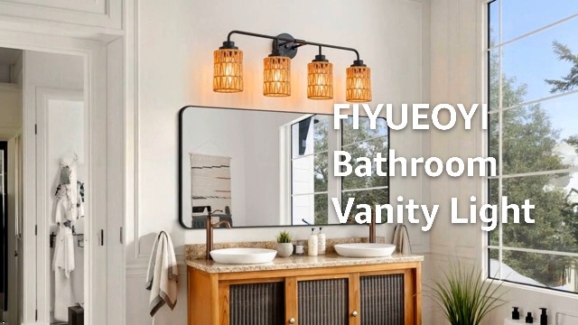 Image of Farmhouse Bathroom Light Fixtures, 4-Light Boho Vanity Lighs Over Mirror | with Hand-Woven Rattan Wicker Shades, Rustic Lighting for Bedroom Kitchen Hallway Restroom Bathroom