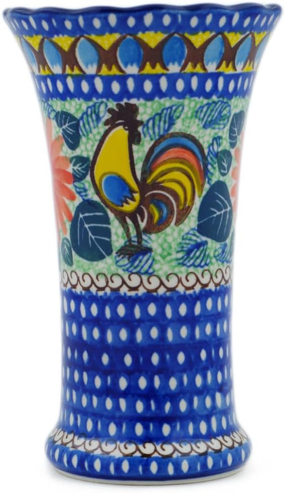 Polmedia Polish Pottery Vase UNIKAT - Summer Rooster Pattern Handmade in Boleslawiec Poland by Ceramika Artystyczna + Certificate of Authenticity