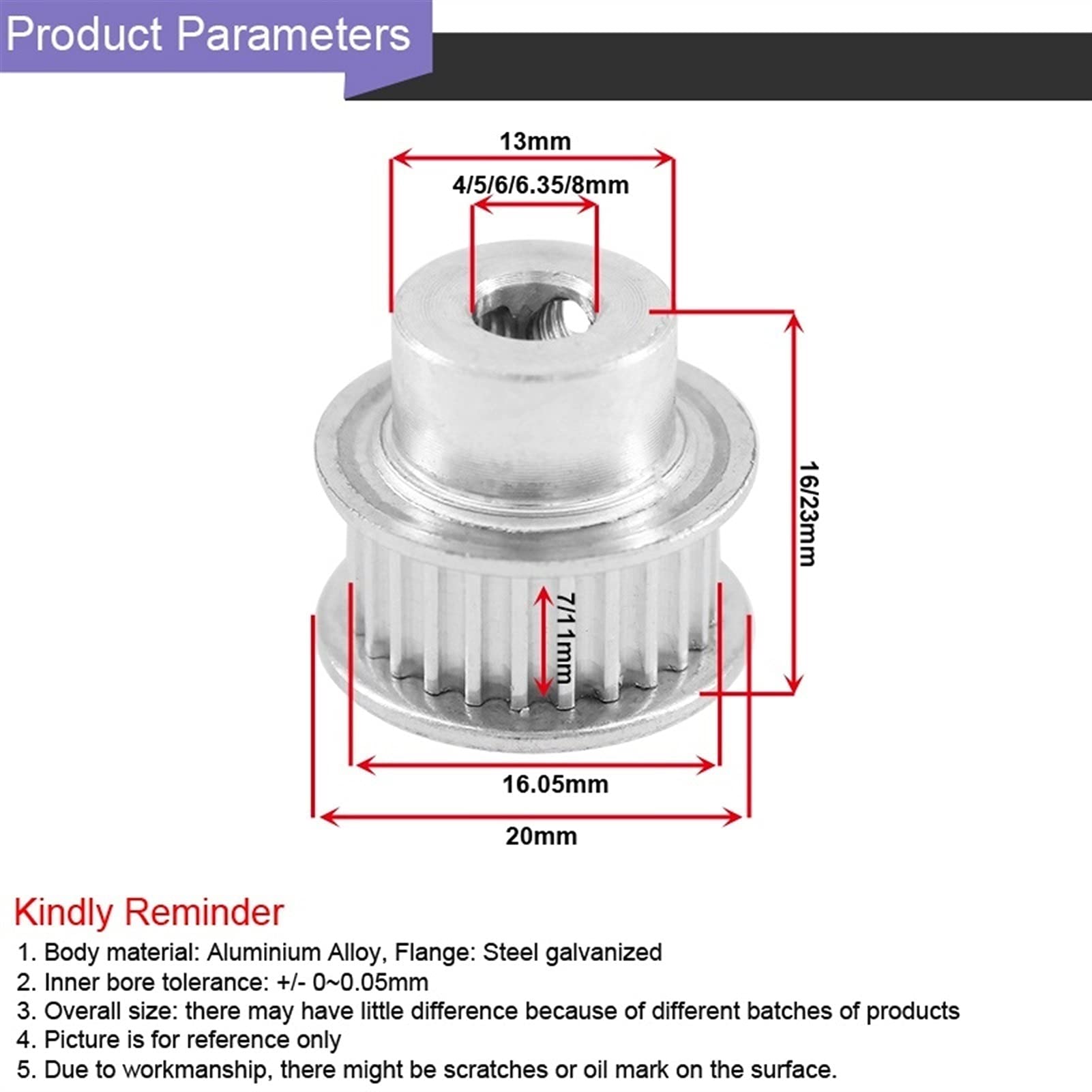 Timing Pulley 2GT Timing Belt Pulley, Bore 4/5/6/6.35/7/8mm, 26 Teeth, for Belt Width 6/9/10mm, 2GT Belt Pulley (NO.1338)(Belt Width 6mm,Bore 5mm)