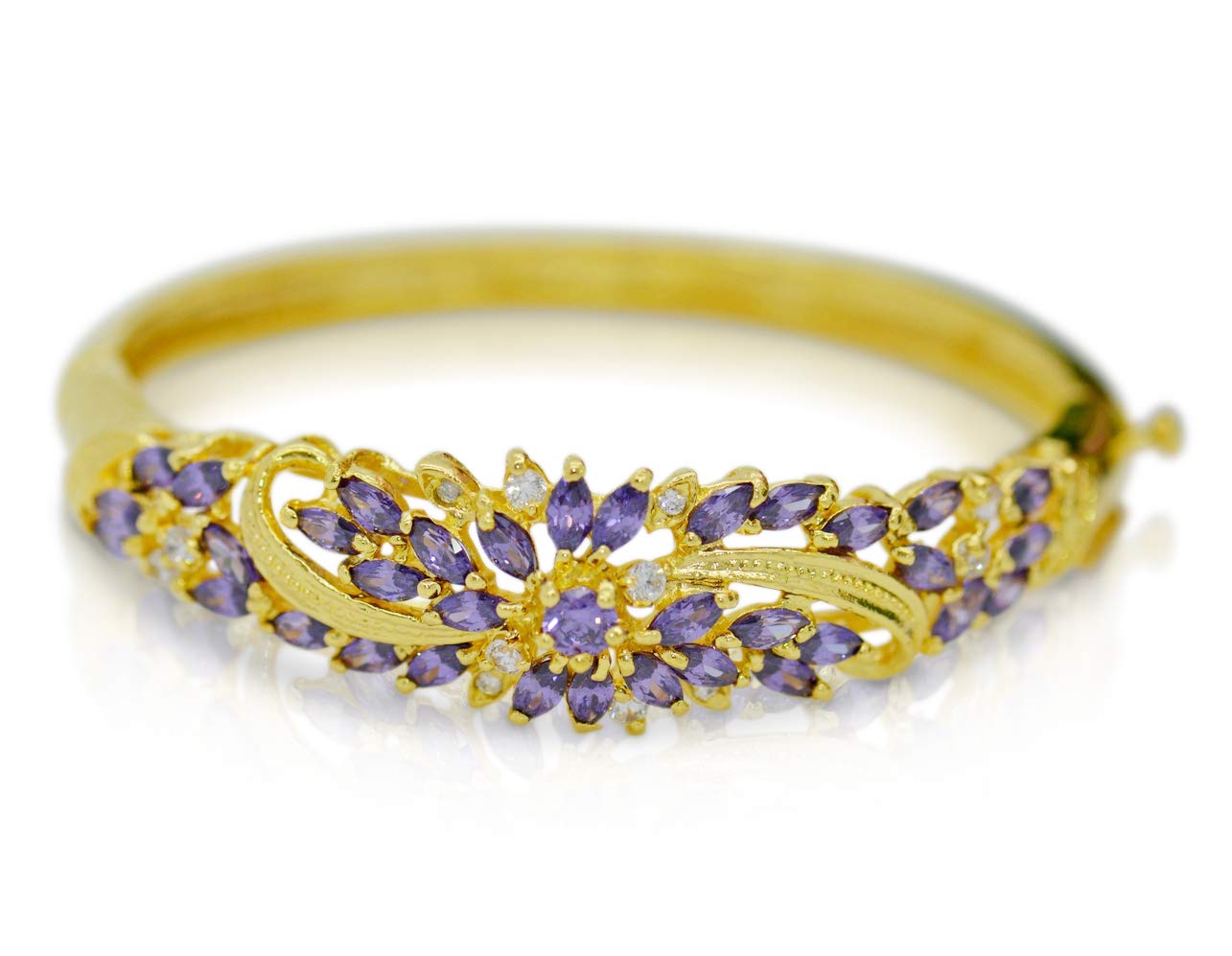 Montip Lynn4k Yellow Gold Plated Dubai India Ethnic Thai Flower Jewelry for Women Cubic Zirconia AAA Synthetic Ruby Bracelets Cuff Bangle 5 mm 5.5 cm amethyst