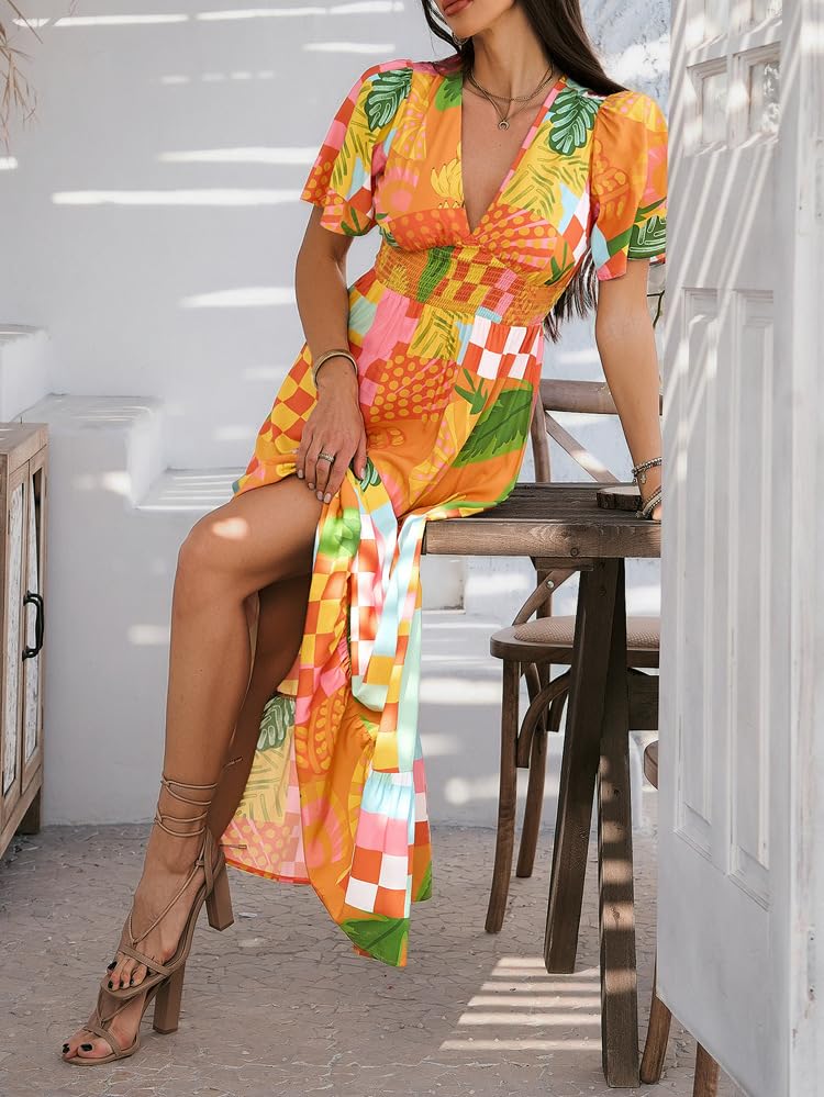 Image of Boho Floral Maxi Dress for Women 2026 Empire Waist Short Sleeve Dresses Summer Beach Vacation Wedding Guest Outfit