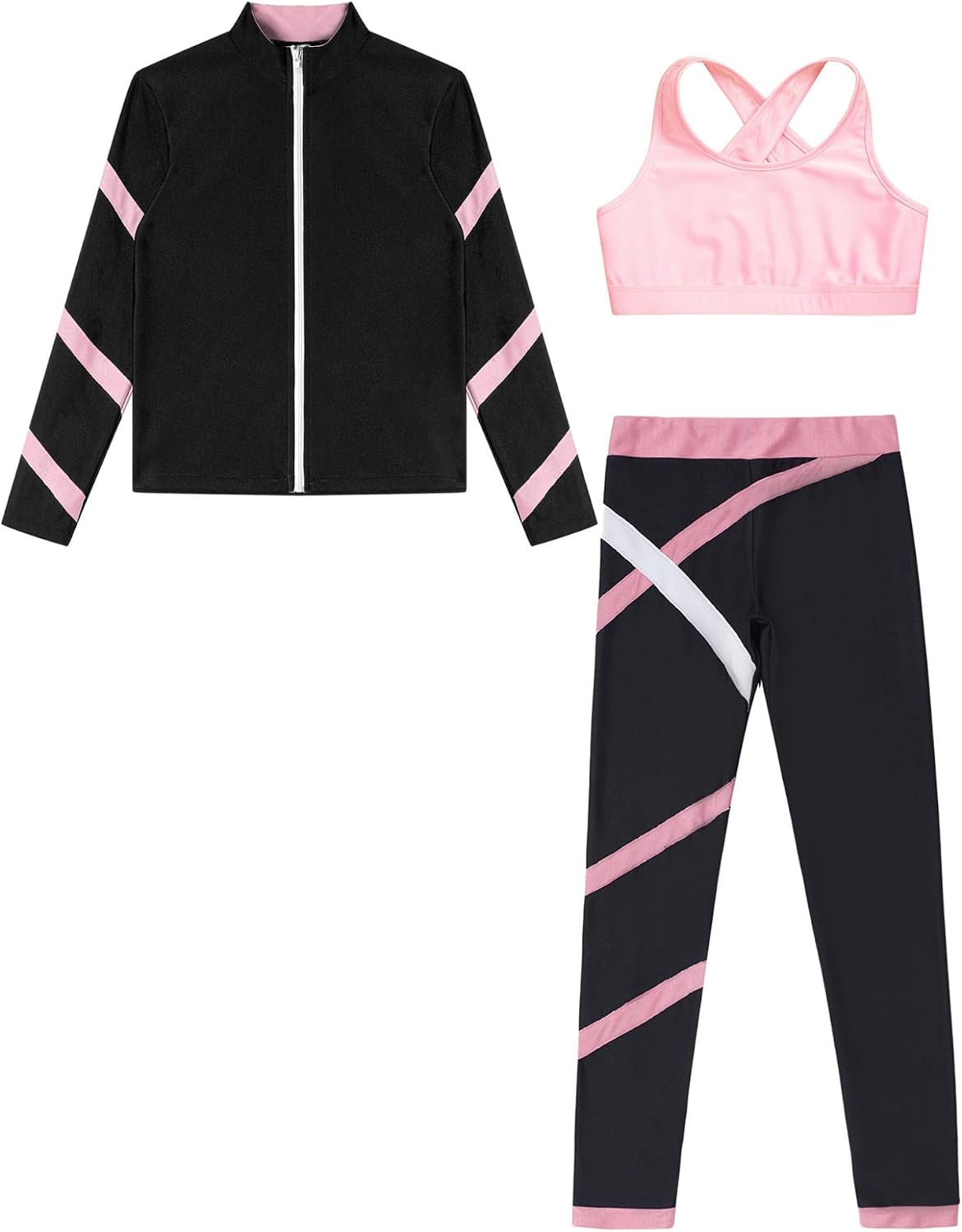 Kids Girls Dance Sports Bra Crop Top with Athletic Leggings Jacket Sweatshirt Set 3Pcs Outfits Gymnastics Tracksuit