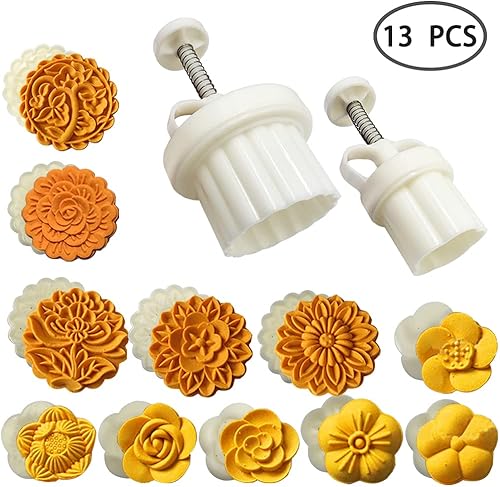 Miniatura 3 de Juego de 2 moldes de Mooncake con 11 grapas, FineGood DIY cortador de galletas 1.76oz 3.53oz Prensa de flores Mooncake molde presión mano Mooncake