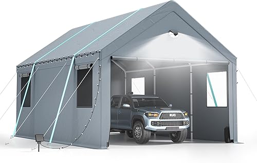Garaje portátil resistente de 12 x 20 pies, toldo extragrande con ventanas enrollables y cubierta de lona para todas las estaciones, tienda de