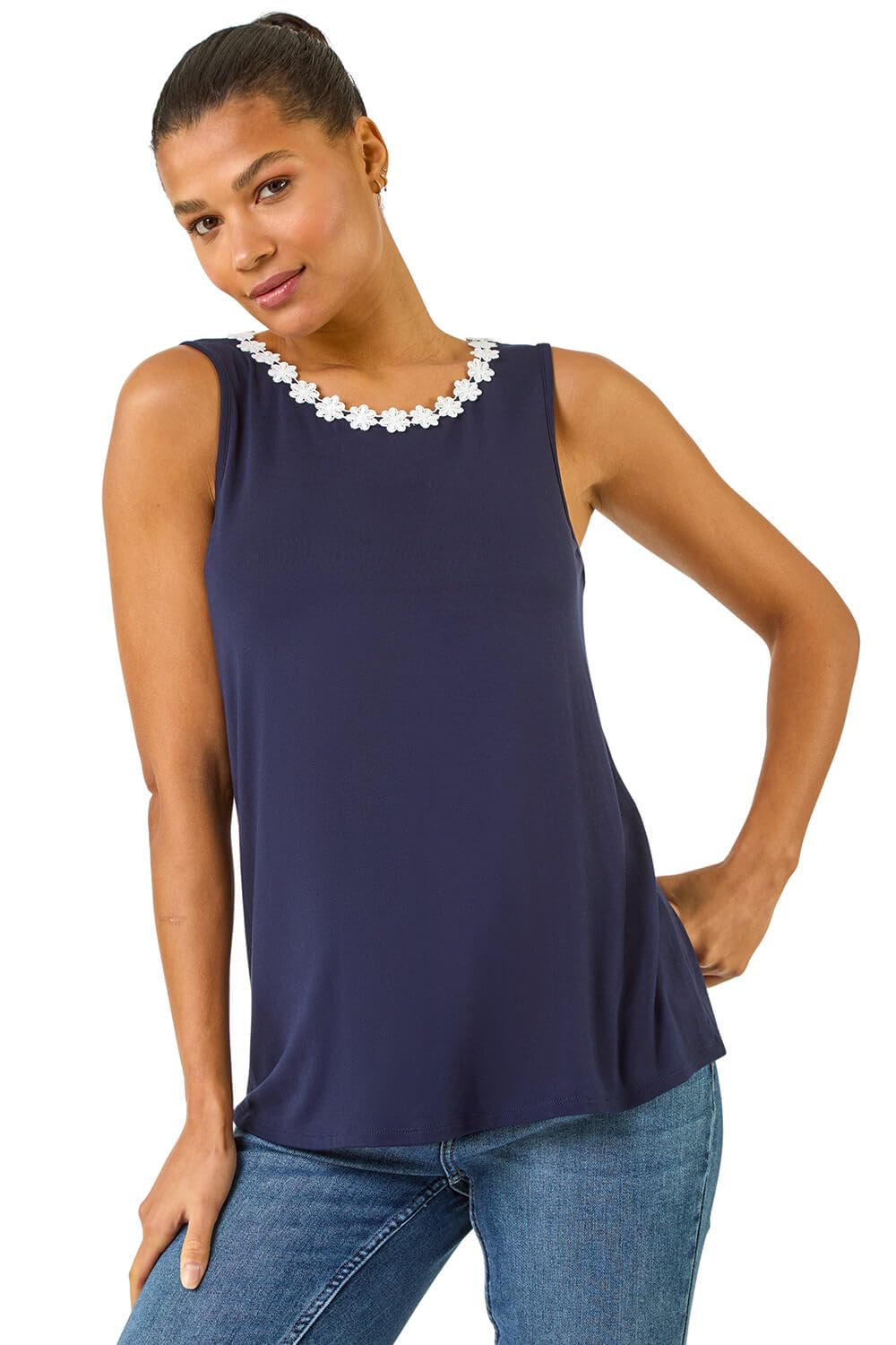 Roman Originals Women's Navy Daisy Neck Trim Vest Top For Uk - Everyday Autumn Winter Round Neckline Comfy Soft Evening Vacation Work Party Night Out - Size 10