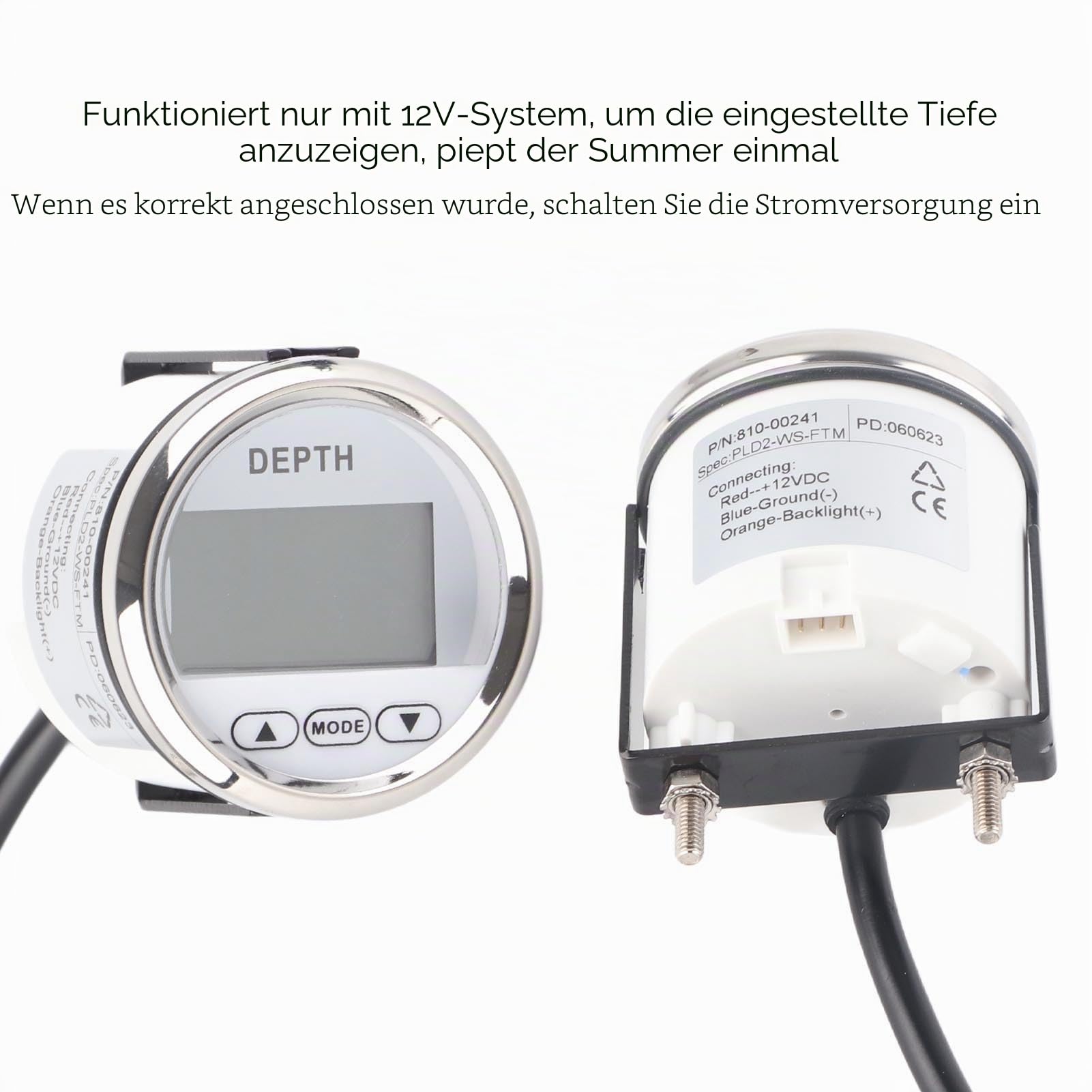 Echolot Wasserdichter Armaturenbrett-Tiefenmesser-Geber, Edelstahl 316L Antibeschlagglas, 100-m-Reichweitenanzeige, Einfache Installation für Yachten und Boote